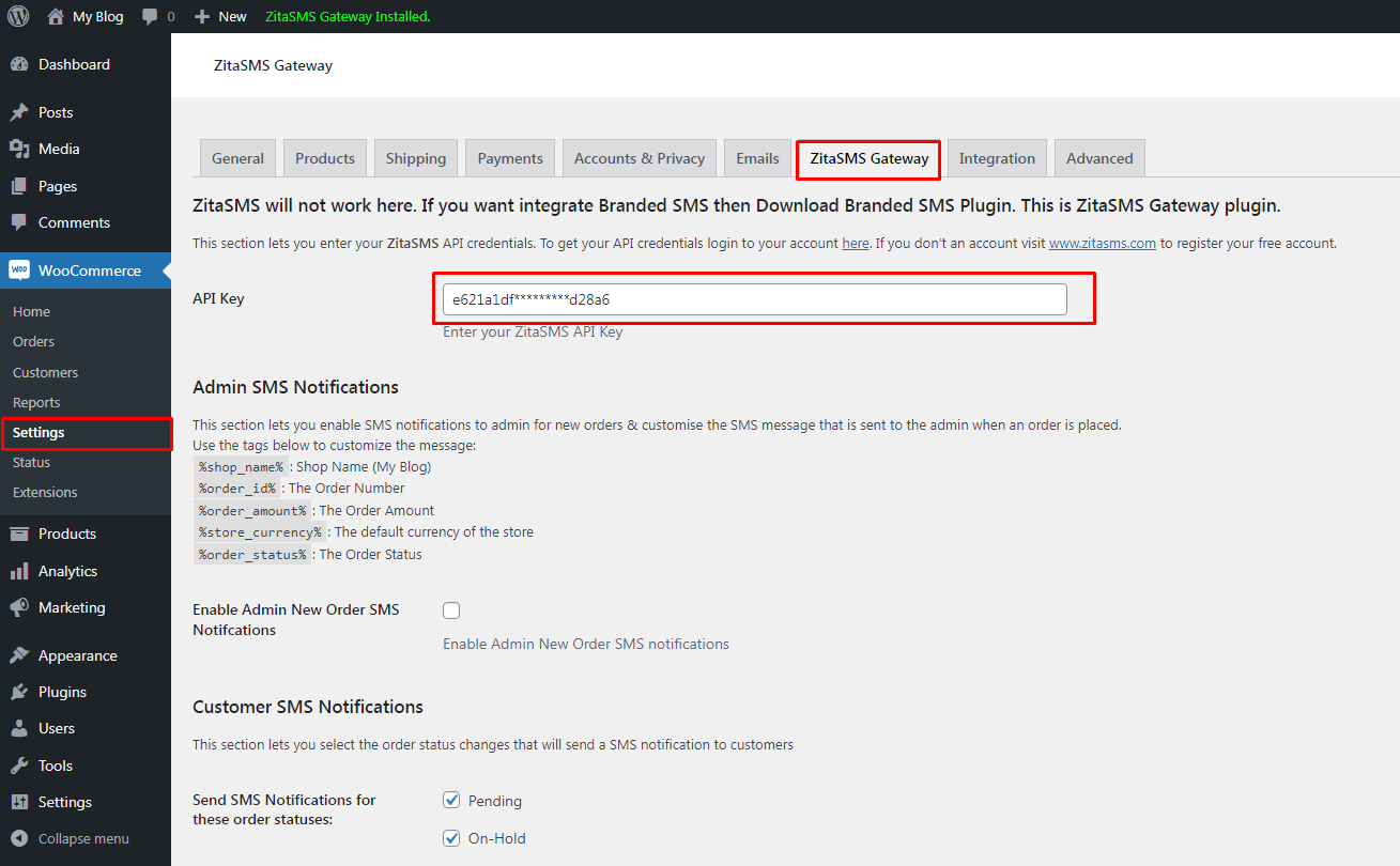 ZitaSMS WooCommerce SMS Configuration